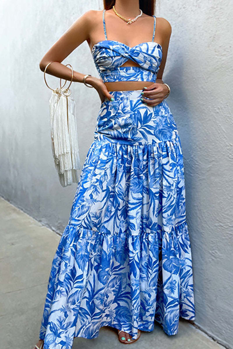 Cami Cutout Tied Up Ruched Tube Top Tiered Pleated Maxi Skirt Floral Print Vacation Matching Sets