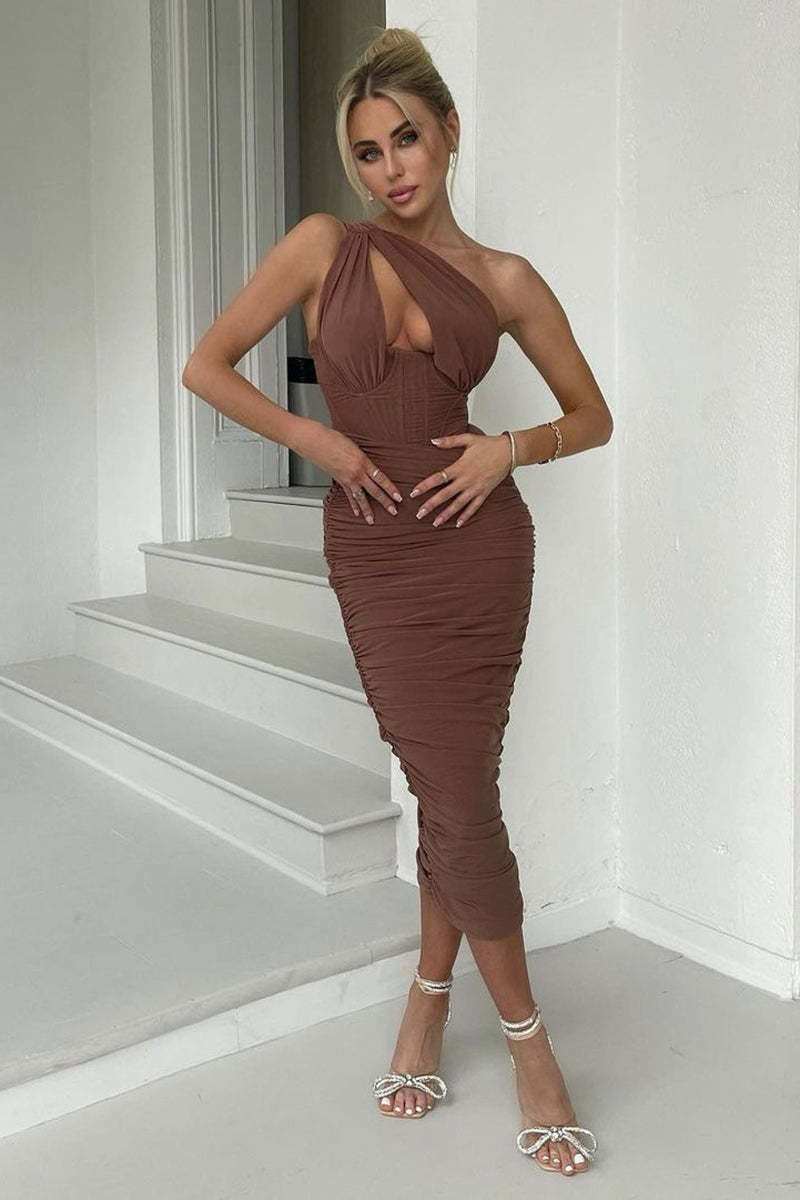 One Shoulder Front Cut Out Corset Ruched Party Midi Dresses