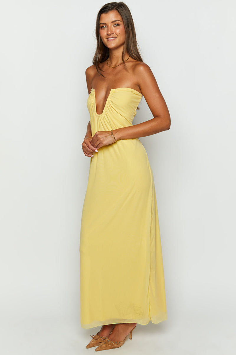 Off Shoulder Notched V Neck Ruched Formal Party Layered Plain Maxi Dresses-Yellow