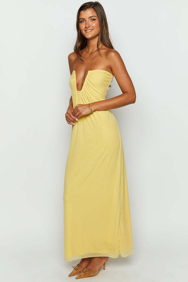 Off Shoulder Notched V Neck Ruched Formal Party Layered Plain Maxi Dresses-Yellow