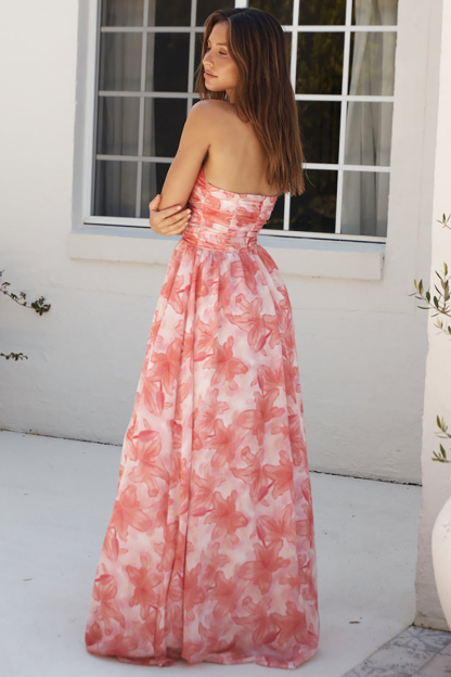 Floral Print Strapless High Slit Flowy Hem Maxi Dresses-Red