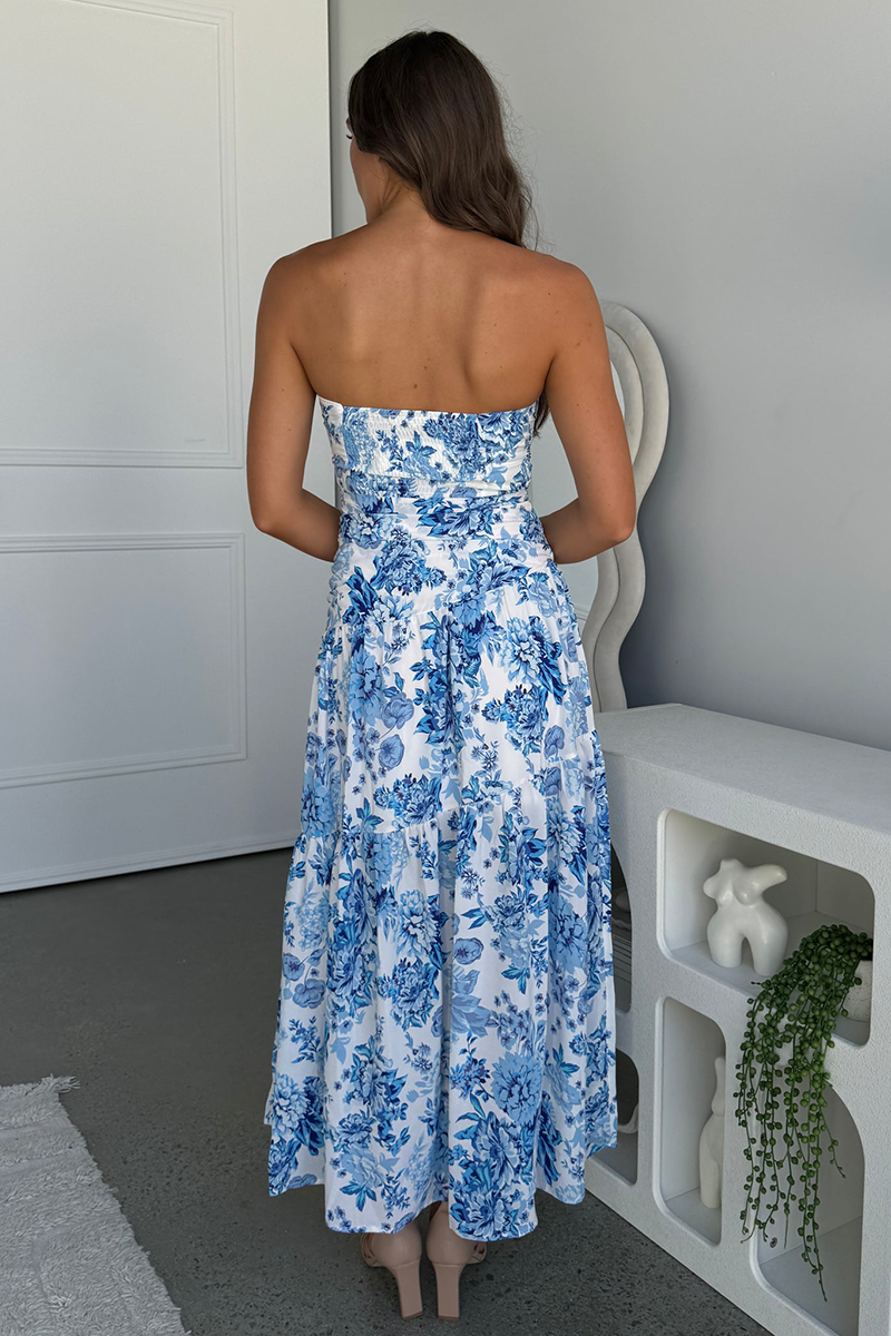 Floral Print Boat Neck Strapless A-Line Maxi Dresses-Blue
