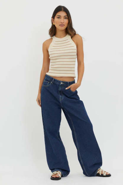 Casual Striped Print Slim Fit Ribbed Knit Tank Top-Blue