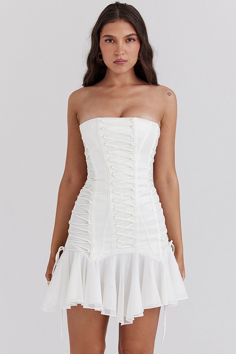 Strapless Lace Up Slim Fit Irregular Mini Dresses-White Pre Order