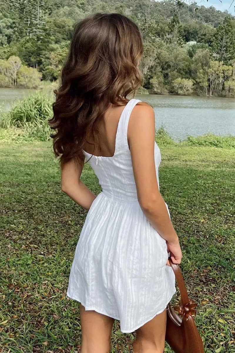 Square Neck Low Back Texture A-Line Sleeveless Mini Dresses-White