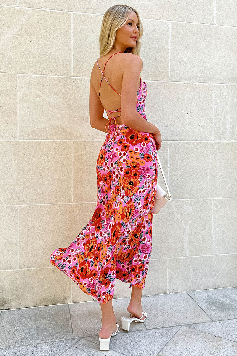 Cross Cami Boat Neck Backless Tied Up Floral Print Vacation Slim Maxi Dresses