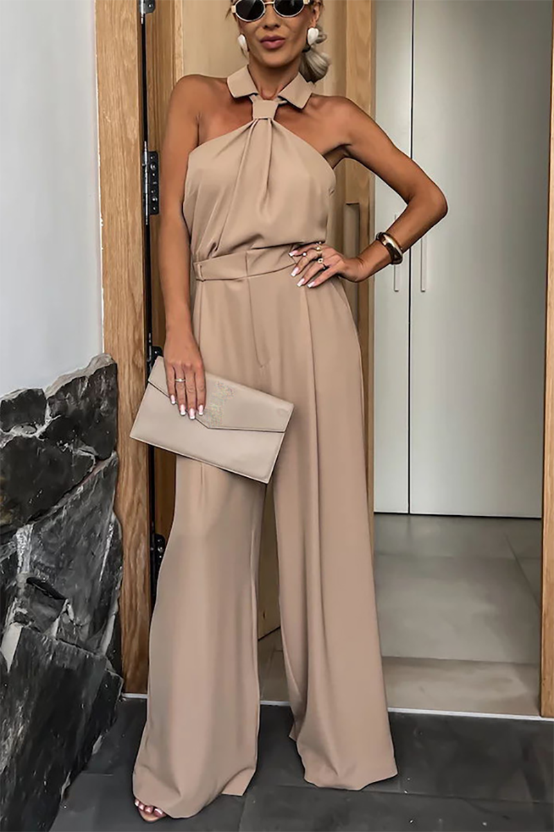 Sleeveless Turndown Collar Wide Leg Plain Jumpsuit-Khaki