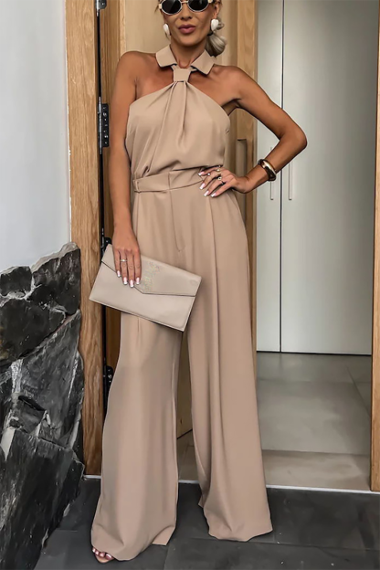 Sleeveless Turndown Collar Wide Leg Plain Jumpsuit-Khaki