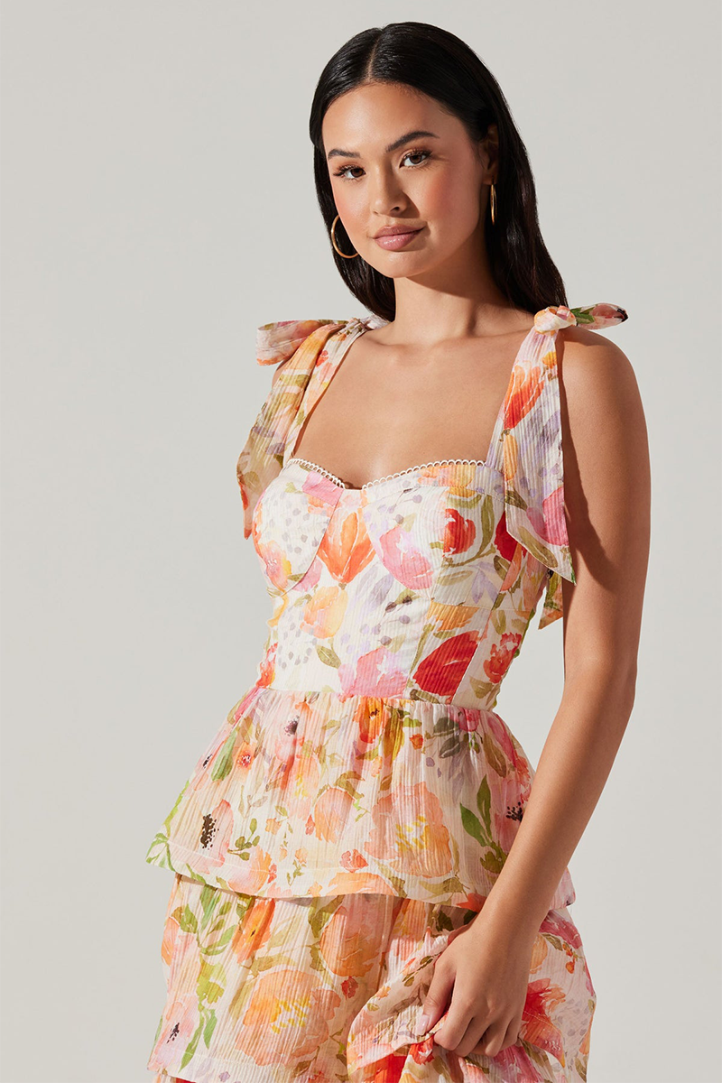 Tied Up Straps Floral Print Layered Hem Maxi Dresses-Orange