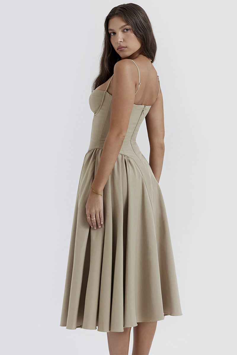 Elegant Cinch Waist Pleated Formal Party Slip Midi Dresses-Beige