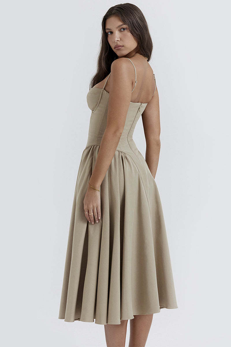 Elegant Cinch Waist Pleated Formal Party Slip Midi Dresses-Beige