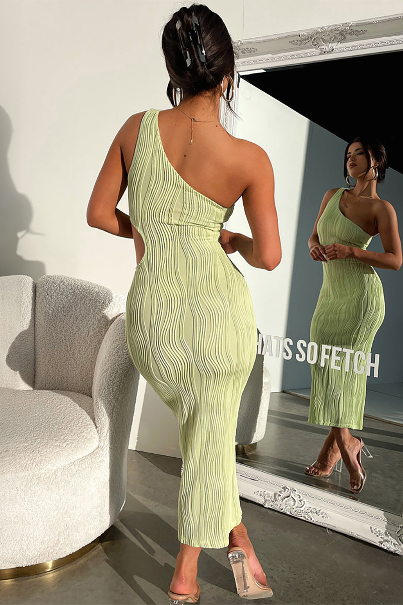 Sleeveless One Shoulder Cutout Slim Fit Textured Midi Dresses-White