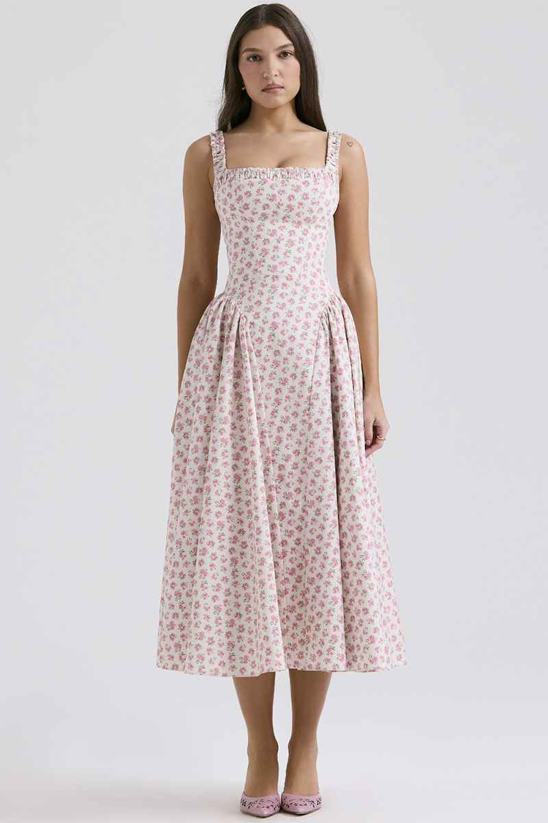 Wide Strap Square Neck Cinch Waist Ditsy Floral Print Midi Dresses-Pink