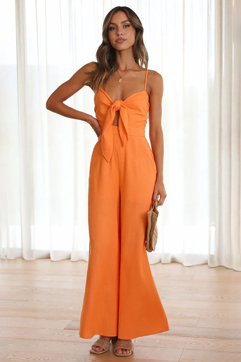 Knotted Cutout V Neck Slip Casual Jumpsuit