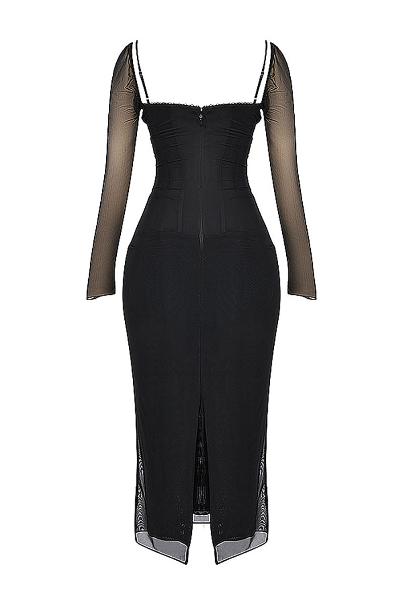 Lace Patchwork Corset Long Sleeve Slim Fit Slit Midi Dresses-Black