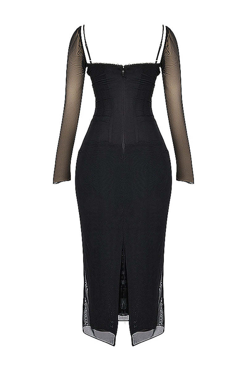Lace Patchwork Corset Long Sleeve Slim Fit Slit Midi Dresses-Black
