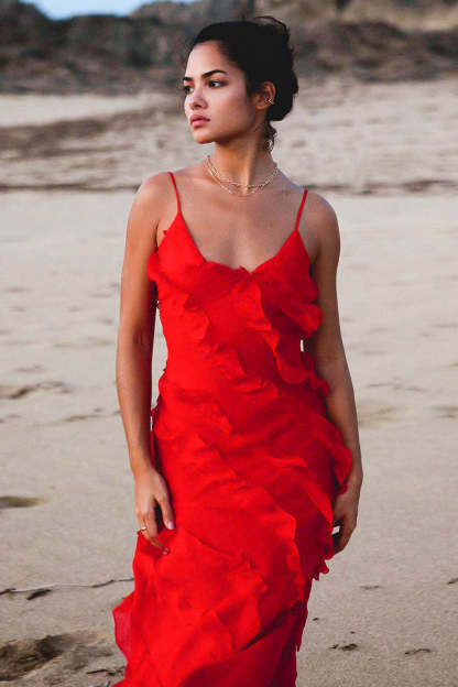 Ruffled Slit V Neck Backless Prom Slip Maxi Dresses