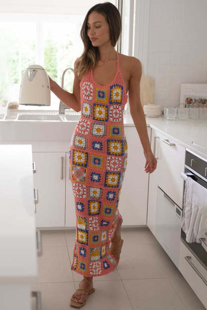 Multicolor Pattern Crochet Halter Slit Vacation Maxi Dresses