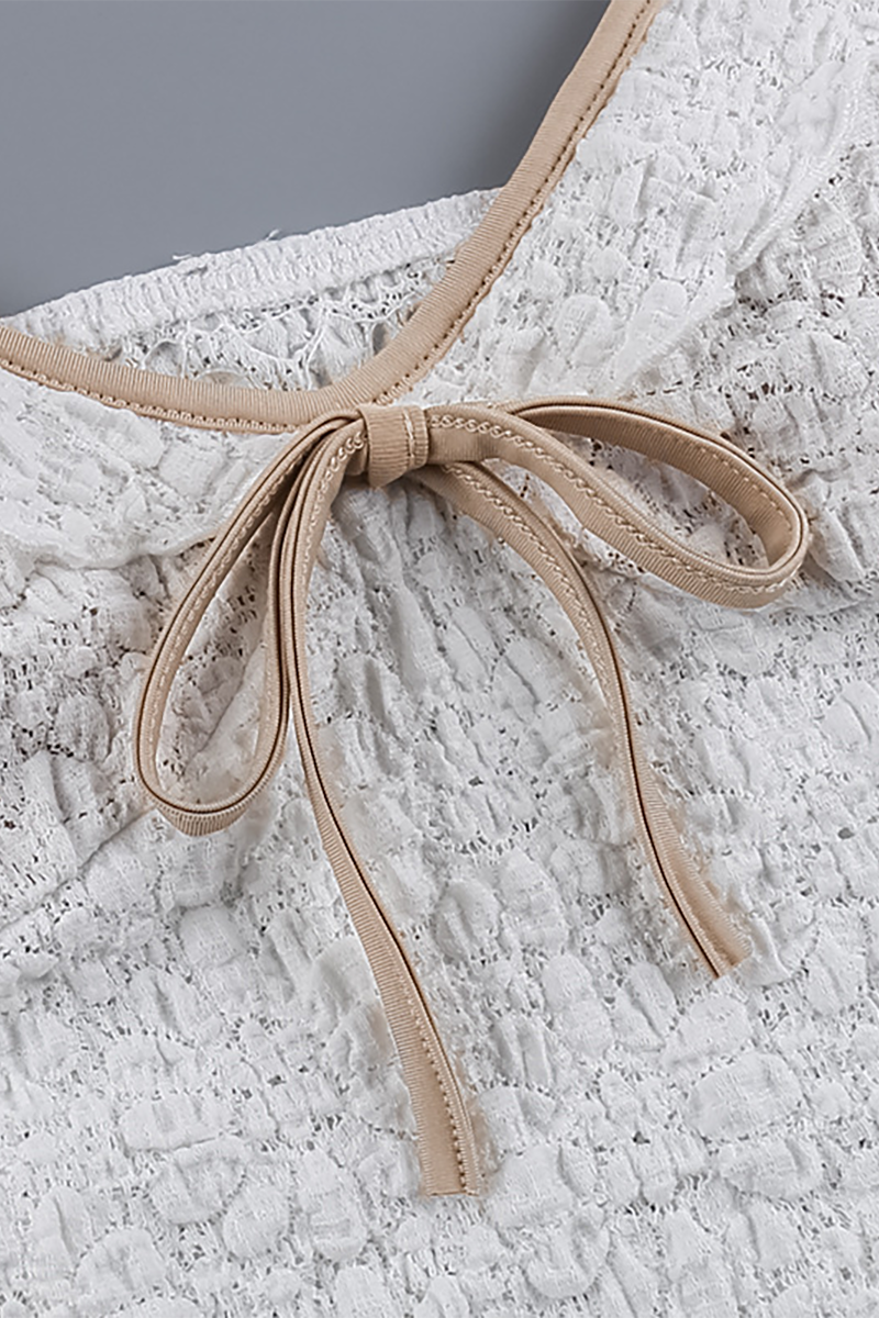 V Neck Contrast Binding Tie Up Textured Lace Sleeveless Crop Top-White