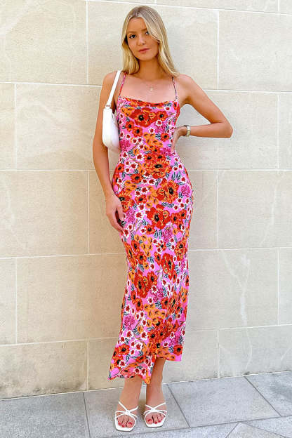 Cross Cami Boat Neck Backless Tied Up Floral Print Vacation Slim Maxi Dresses