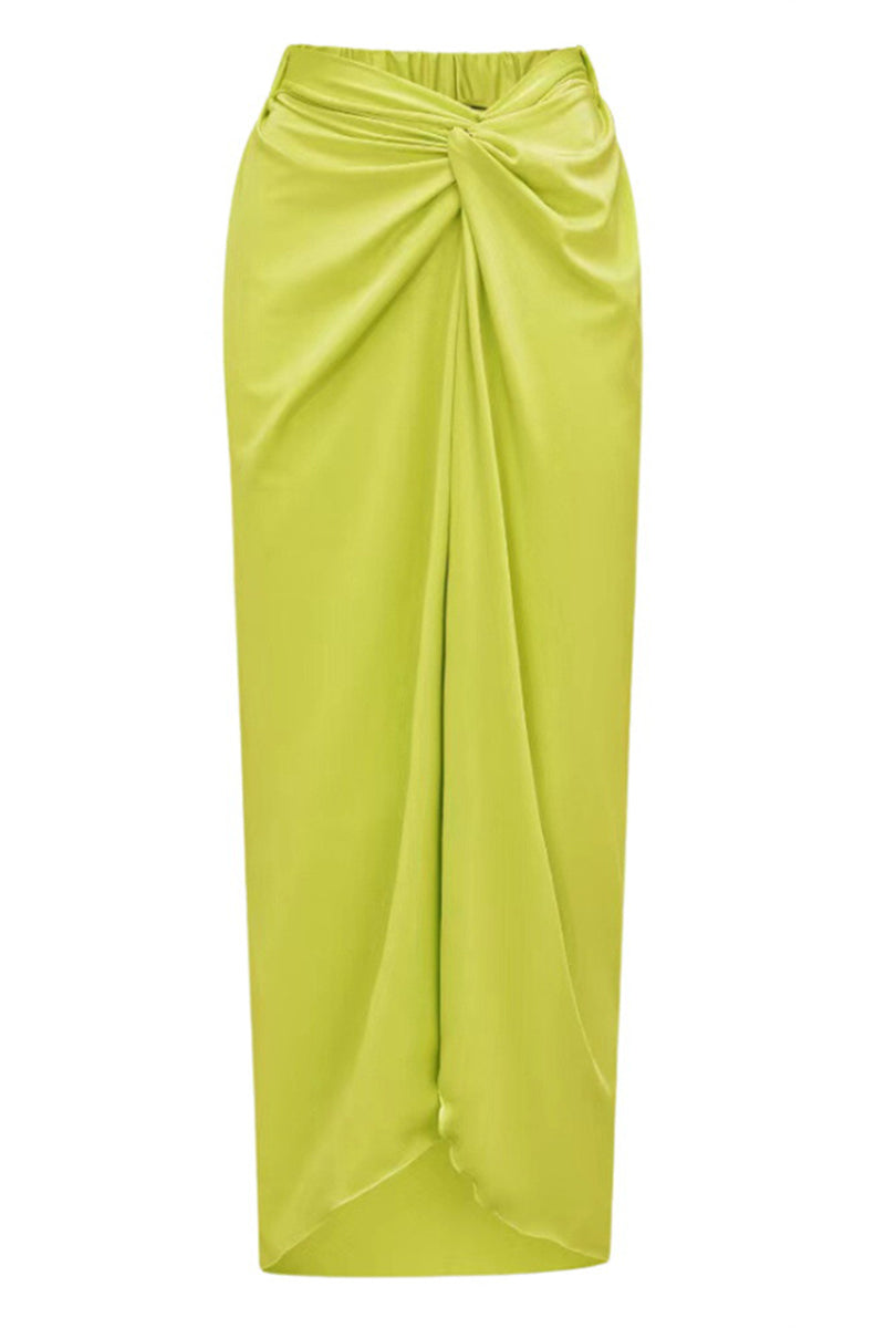 Tied Up 3D Flower Decor Bikini Top Maxi Skirt Bikini Three-Piece Set-Green