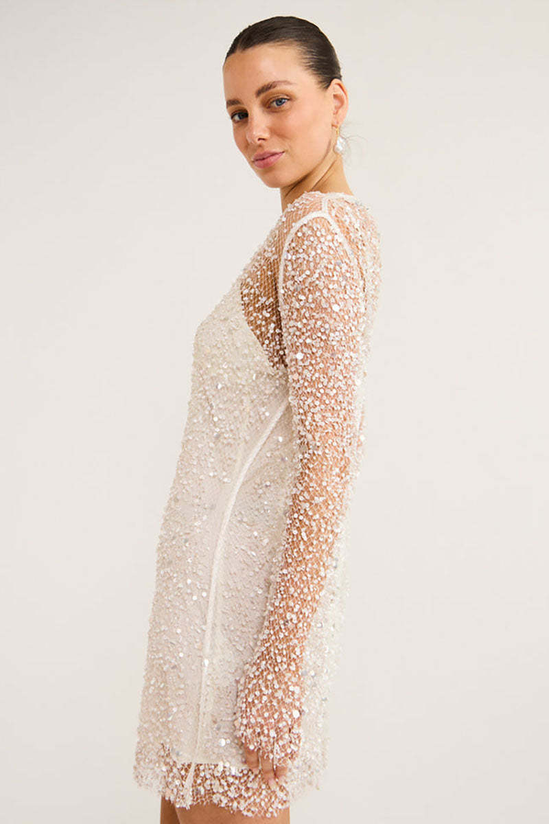 Sequins Pearls Round Neck Long Sleeve Slim Fit Double Layered Mini Dresses - White