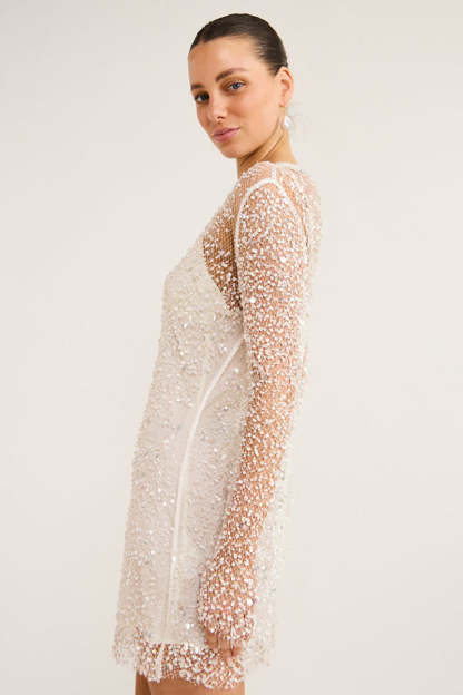 Sequins Pearls Round Neck Long Sleeve Slim Fit Double Layered Mini Dresses - White