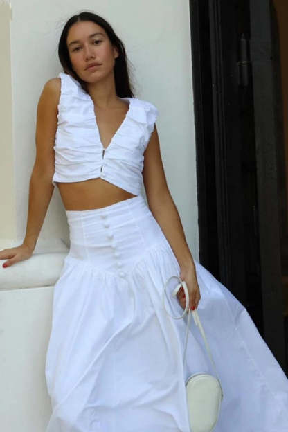 Button V Neck Crop Tank Top High Waist Maxi Skirt 2pcs Set-White