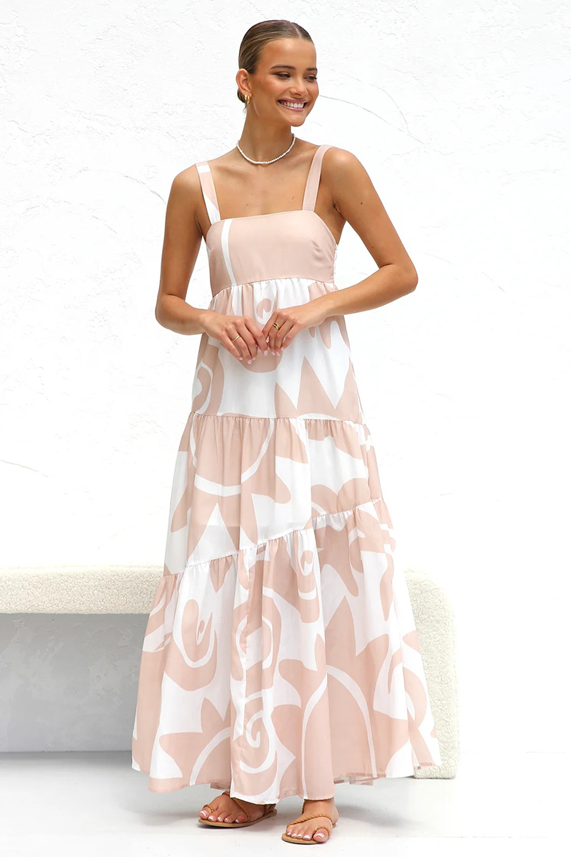 Graphic Print Thick Straps Boat Neck A-Line Vacation Maxi Dresses-Blue