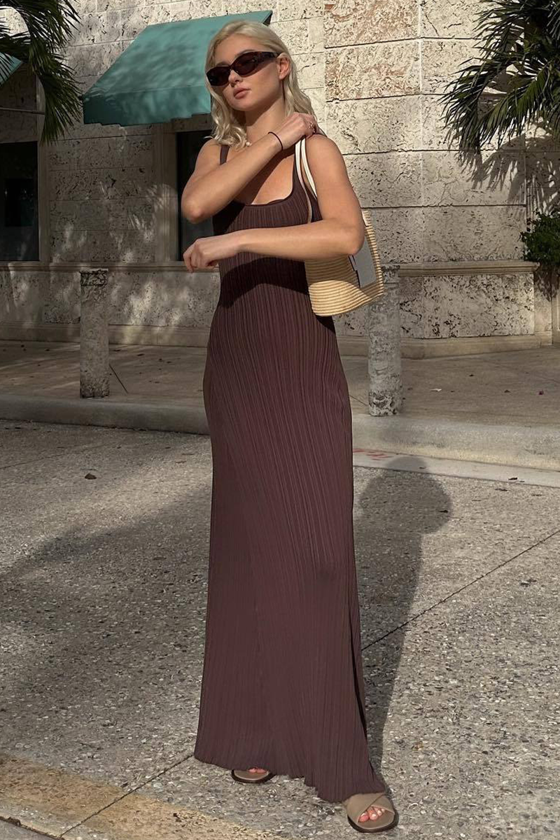 U Neck Slim Fit Knit Pleated Maxi Tank Dresses-Brown