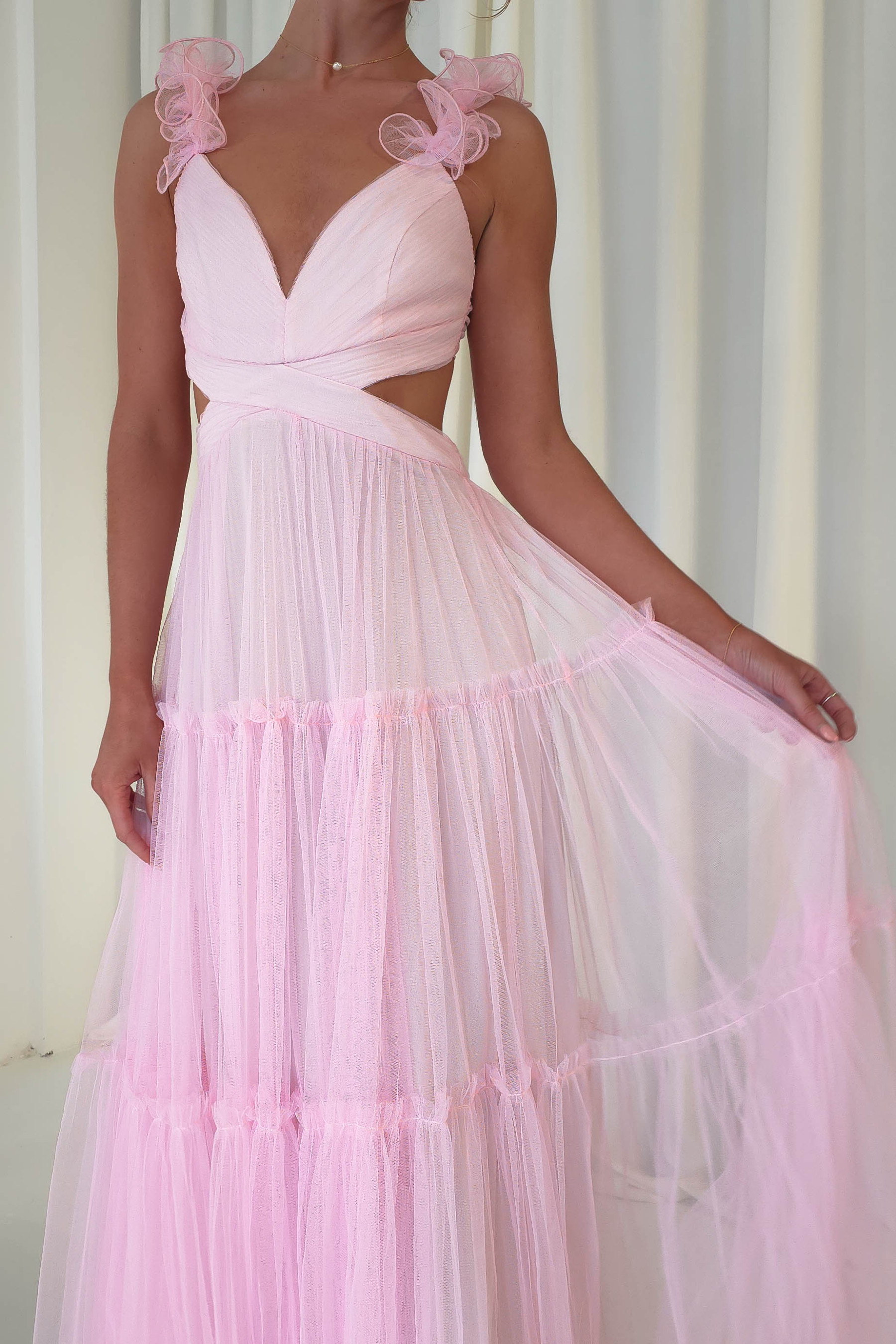 Petal Straps Deep V Neck Backless Tulle Gowns Maxi Dresses-Orange Pre Order