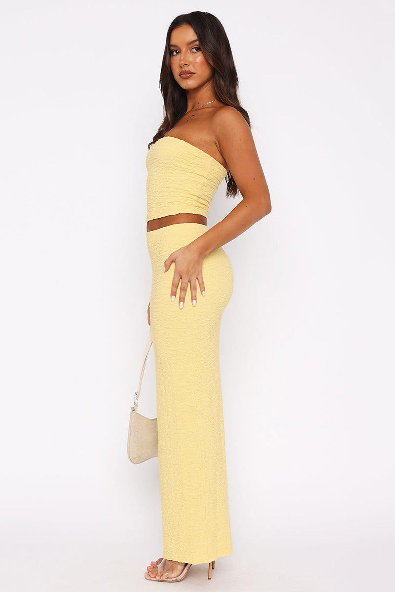 Textured Crop Tube Top Split Bodycon Maxi Skirt Matching Set-White