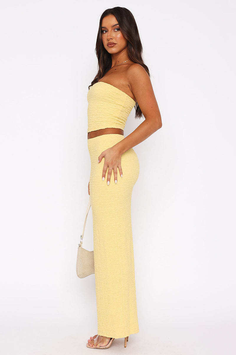 Textured Crop Tube Top Split Bodycon Maxi Skirt Matching Set-White
