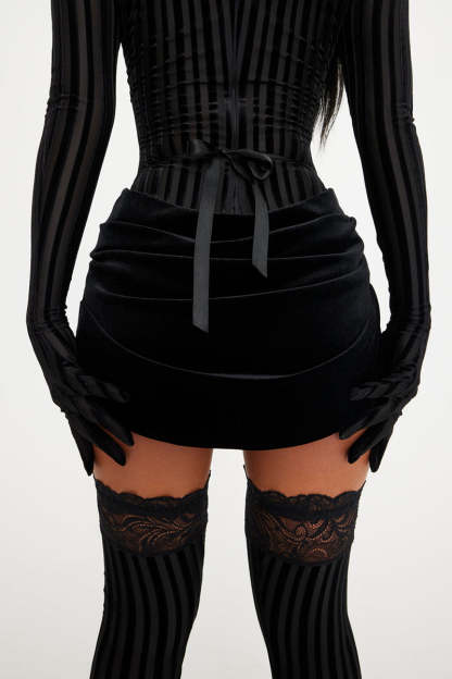 See-Through Mesh Jacquard Striped Long Sleeve Pleated Mini Dresses-Black