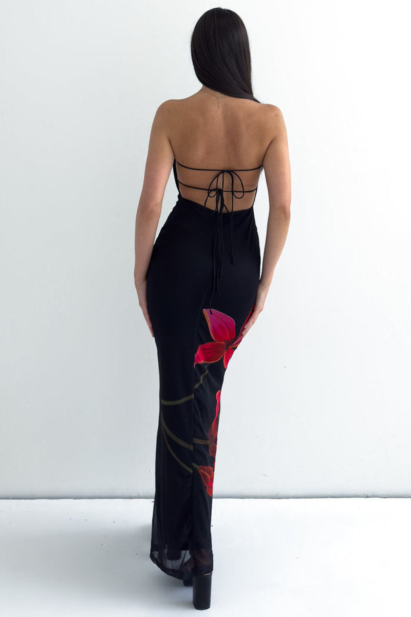 Floral Print Slim-Fit Formal Party Maxi Tube Dresses-Black