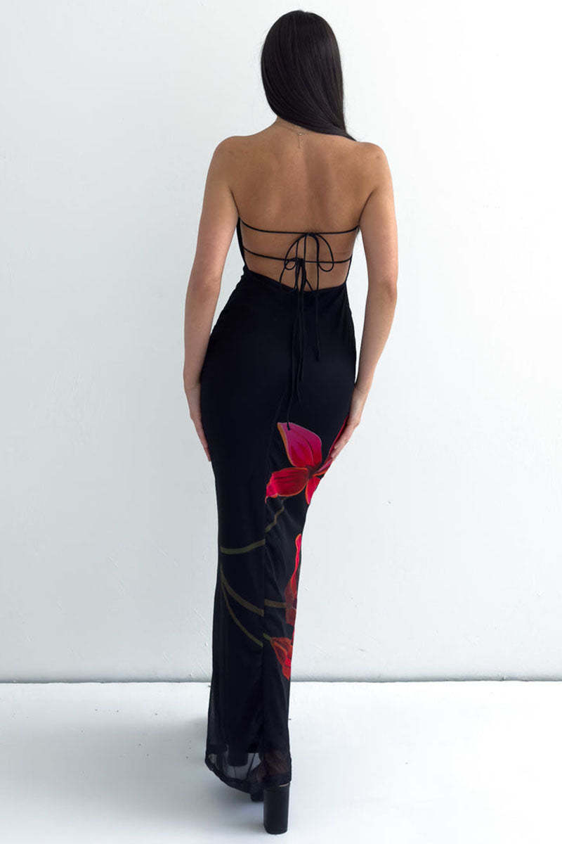 Floral Print Slim-Fit Formal Party Maxi Tube Dresses-Black