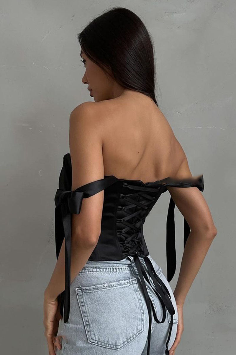 Off Shoulder Ribbon Decor Asymmetric Hem Party Plain Corset Top-Blue