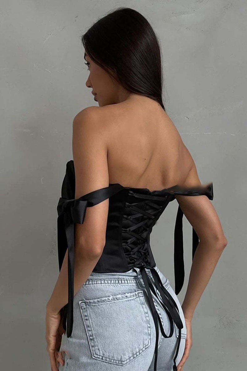 Off Shoulder Ribbon Decor Asymmetric Hem Party Plain Corset Top-Blue