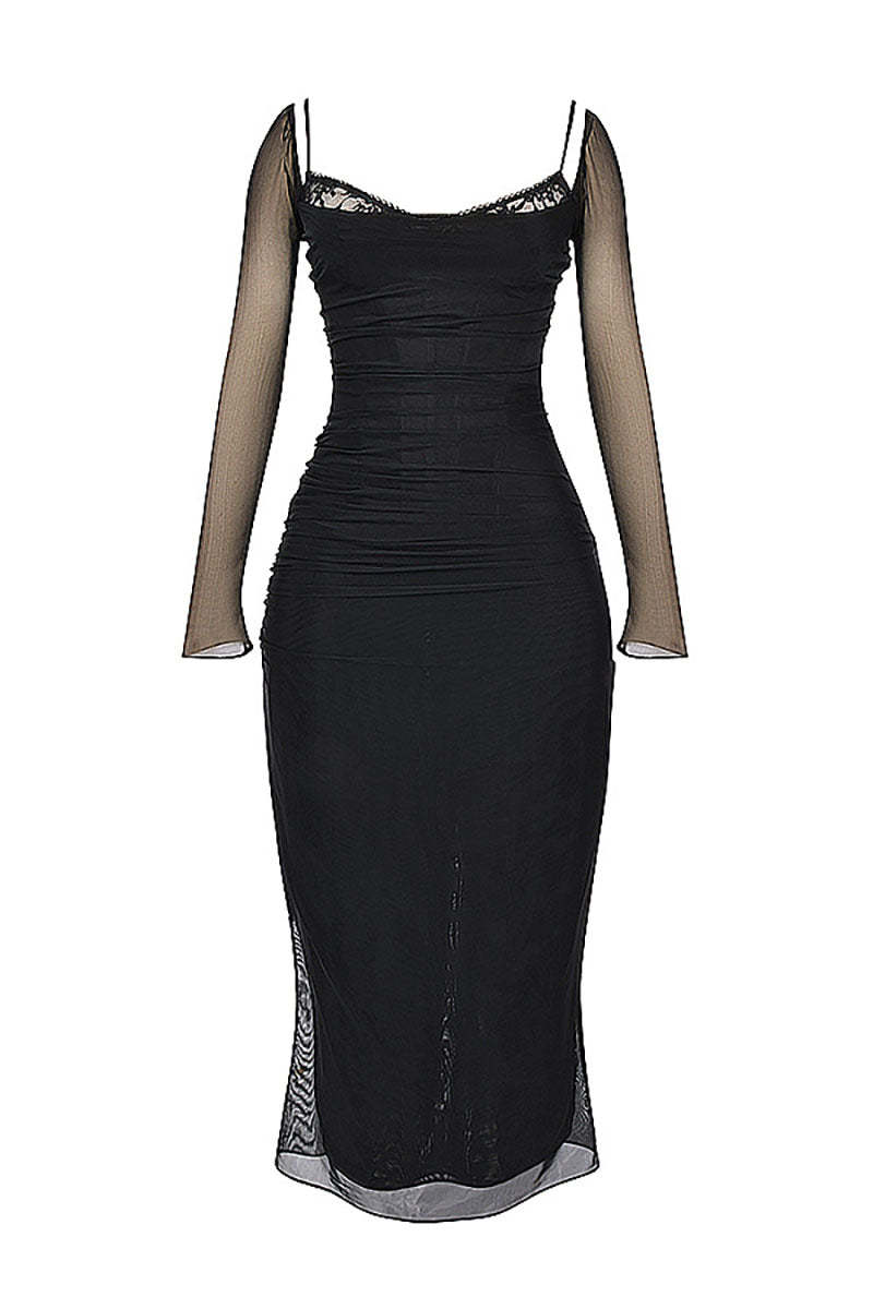 Lace Patchwork Corset Long Sleeve Slim Fit Slit Midi Dresses-Black