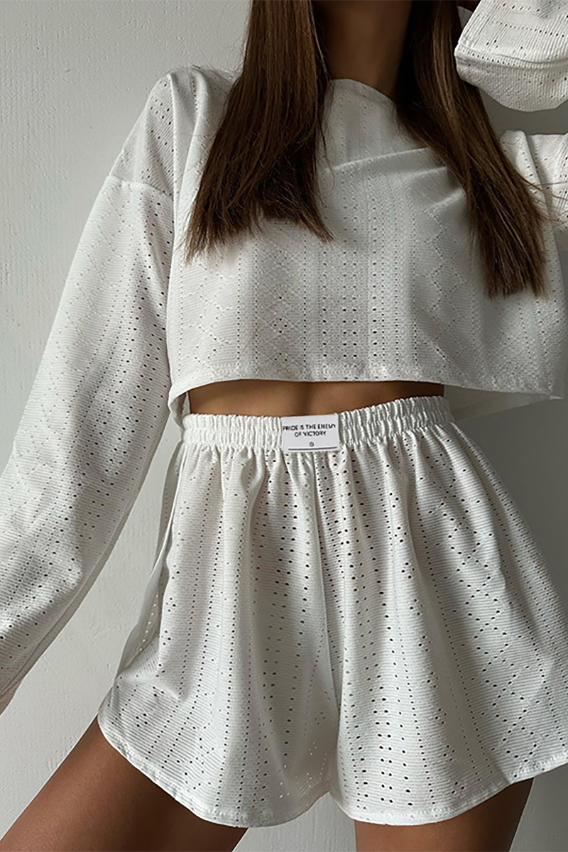 Solid Color Hollow Out Long Sleeve Crop Top Casual Shorts Matching Set-White