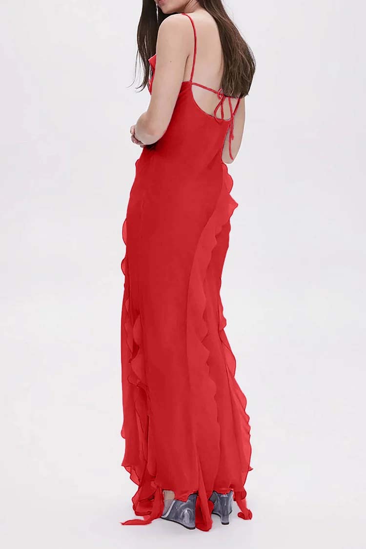 Cami Irregular Neck Ruffle Backless Tied Up Slit Tulle Formal Party Maxi Dress