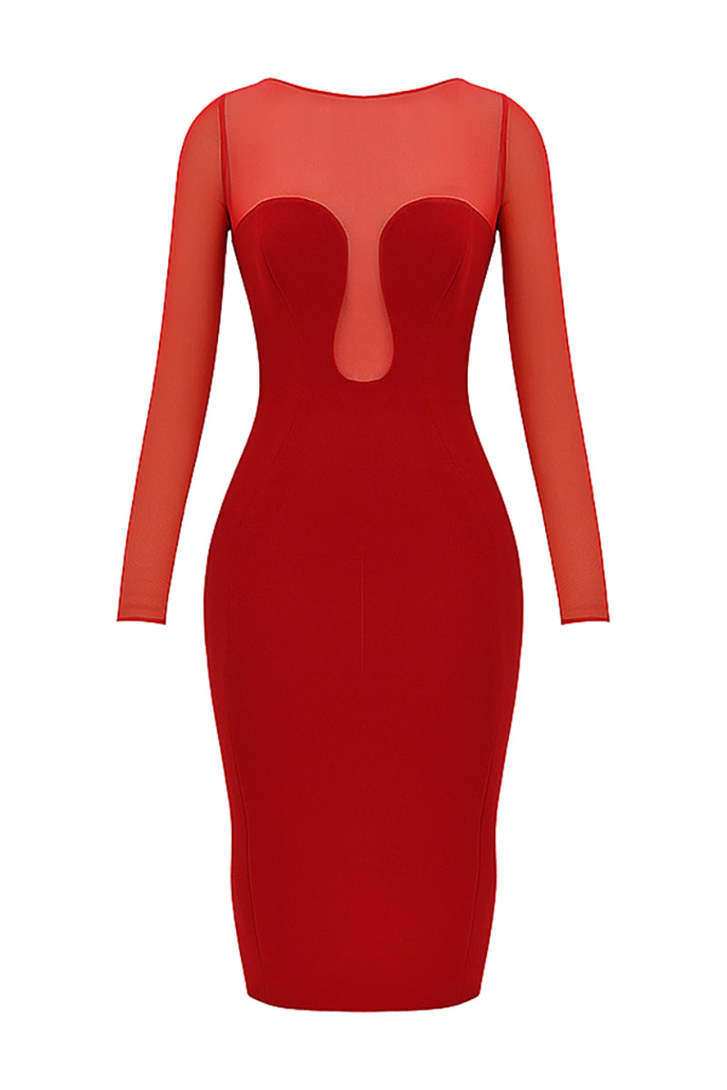 Mesh Patchwork Long Sleeve Irregular Corset Bodycon Midi Dresses-Red