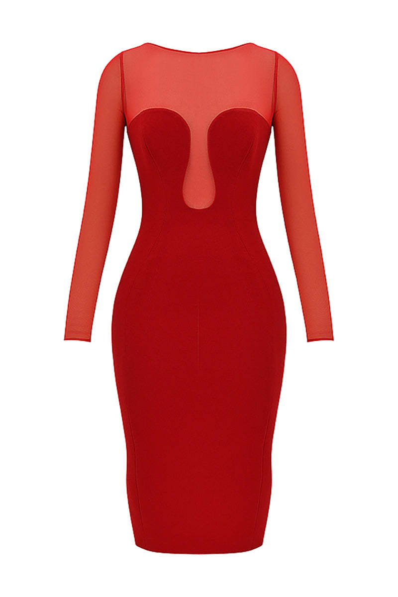 Mesh Patchwork Long Sleeve Irregular Corset Bodycon Midi Dresses-Red