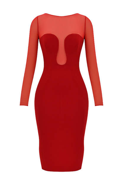 Mesh Patchwork Long Sleeve Irregular Corset Bodycon Midi Dresses-Red