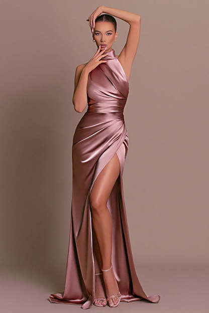 Satin High Neck Sleeveless Slim Fit High Slit Side Gowns Formal Party Maxi Dresses-Black