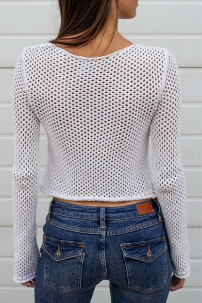 Hollow Out Tied Up Front Long Sleeve Knit Cardigan-White