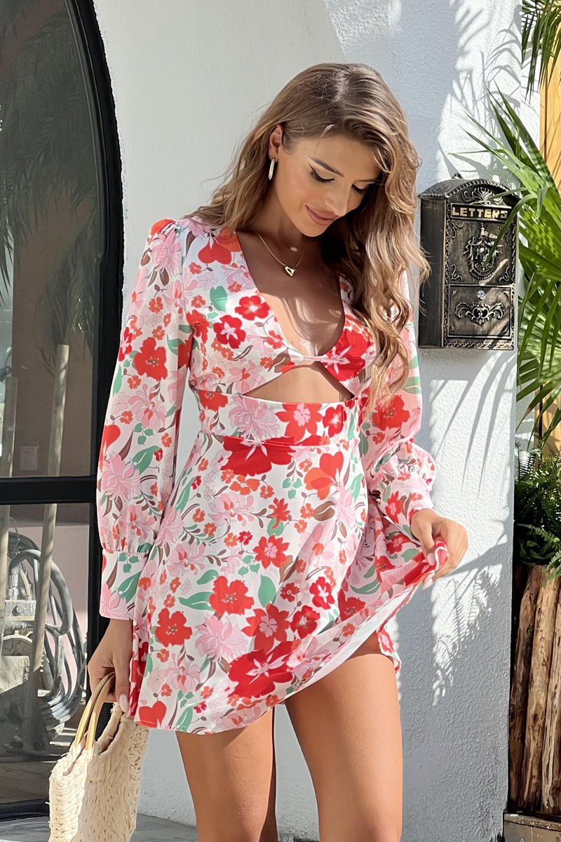 Blossom Floral Bubble Sleeves Cutout Mini Dress