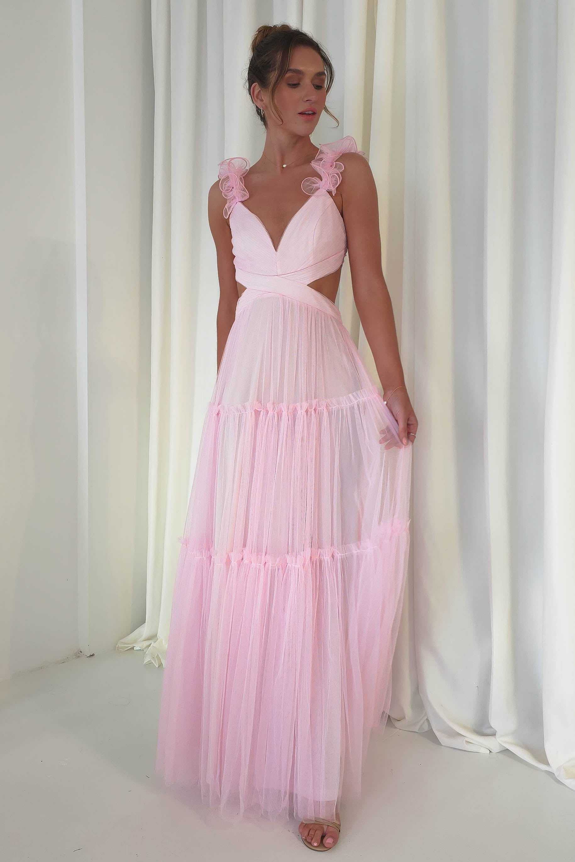 Petal Straps Deep V Neck Backless Tulle Gowns Maxi Dresses-Orange Pre Order