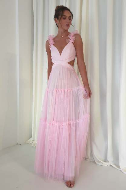 Petal Straps Deep V Neck Backless Tulle Gowns Maxi Dresses-Orange Pre Order