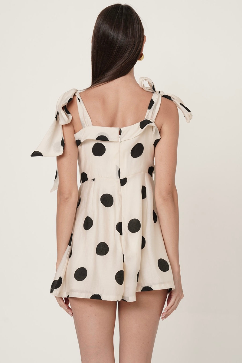 Polka Dot Print Tie Up Straps Cinch Waist Playsuit Romper-Beige